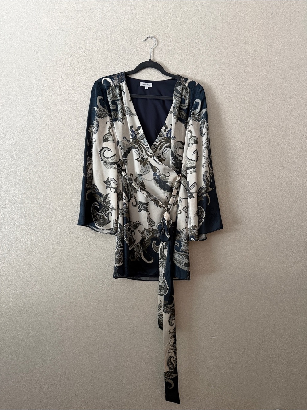 Wrap Dress with Paisley Print in Navy and Cream